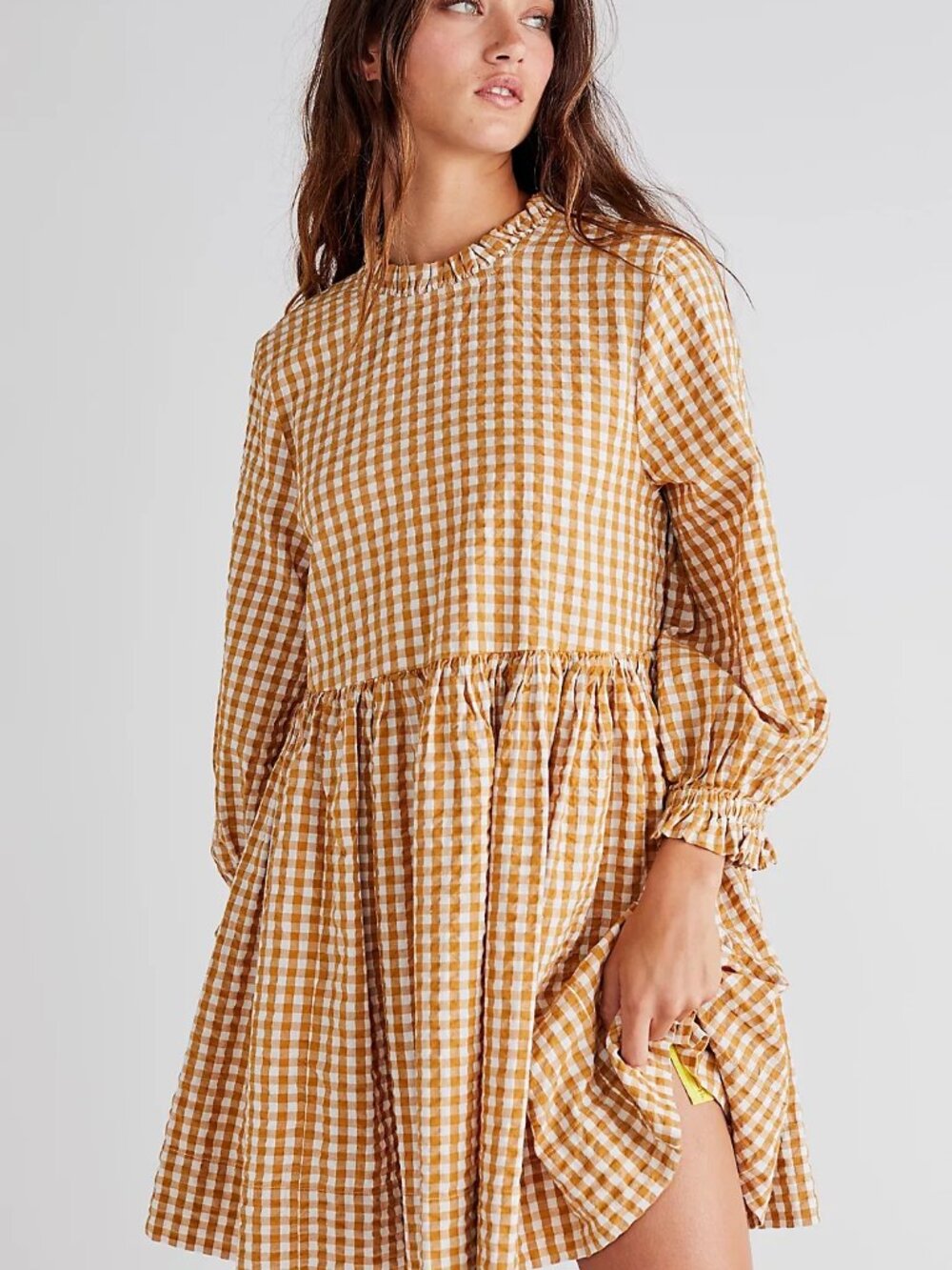 Free People Mustard Gingham Babydoll Dress XL